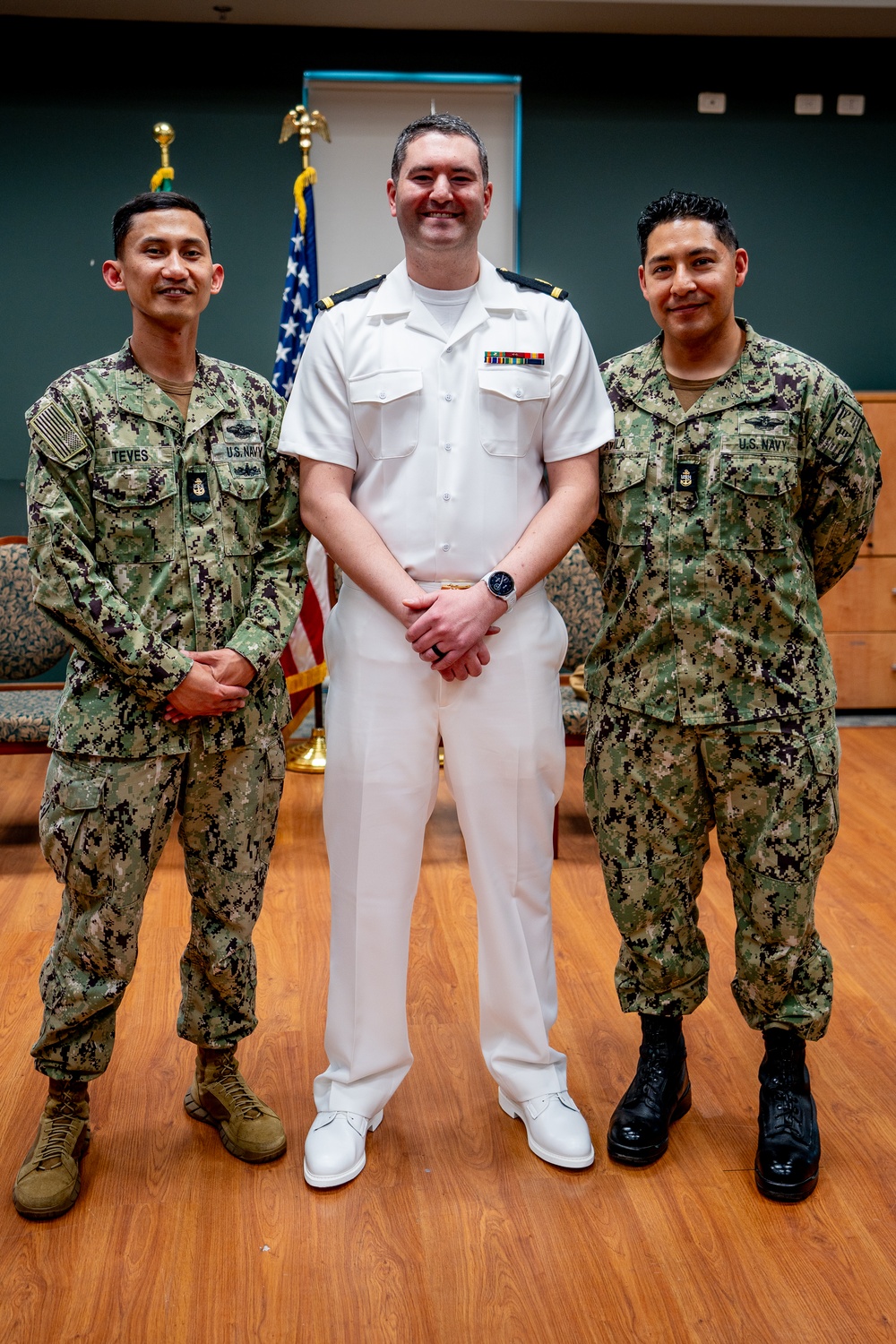 Hospital Corpsman First Class Cameron Galindo is commissioned as a Medical Service Corps Officer