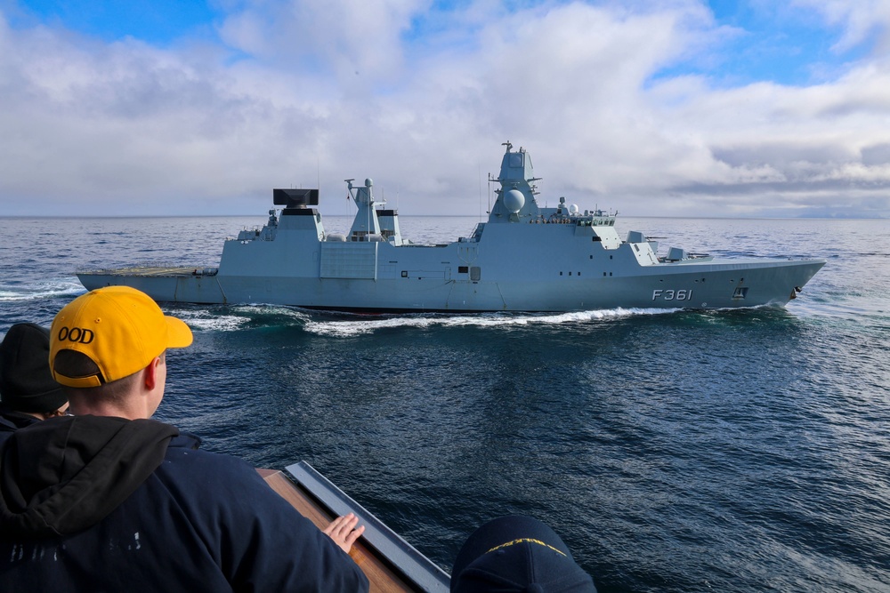 Ensign Jackson Manship observes maneuvering exercises with HDMS Iver Huitfeldt (F361) of the Royal Danish Navy