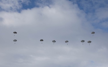 Paratroopers from the 2nd Battalion, 505th Parachute Infantry Regiment, 3rd Brigade Combat Team, 82nd Airborne Division descend into the drop zone May 13, 2025, in Bardufoss, Norway, as part of Defender 25.