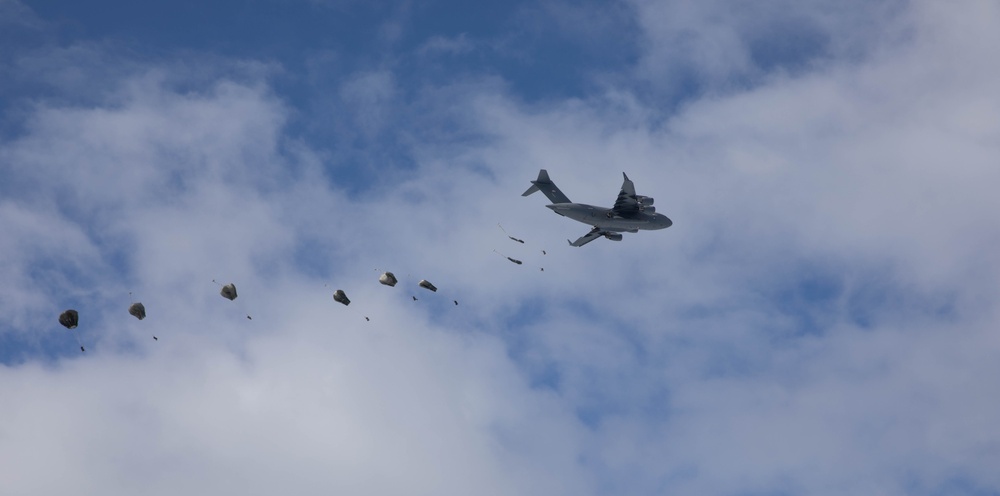 Paratroopers from the 2nd Battalion, 505th Parachute Infantry Regiment, 3rd Brigade Combat Team, 82nd Airborne Division descend into the drop zone May 13, 2025, in Bardufoss, Norway, as part of Defender 25.
