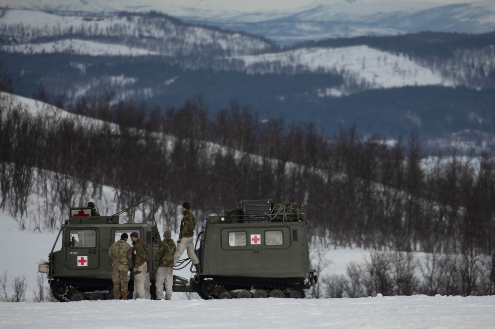 U.S. and Norwegian medical units closely plan and coordinate to ensure the safe landing of incoming paratroopers from the 2nd Battalion, 505th Parachute Infantry Regiment, 3rd Brigade Combat Team, 82nd Airborne Division, May 13, 2025, Bardufoss, Norway.