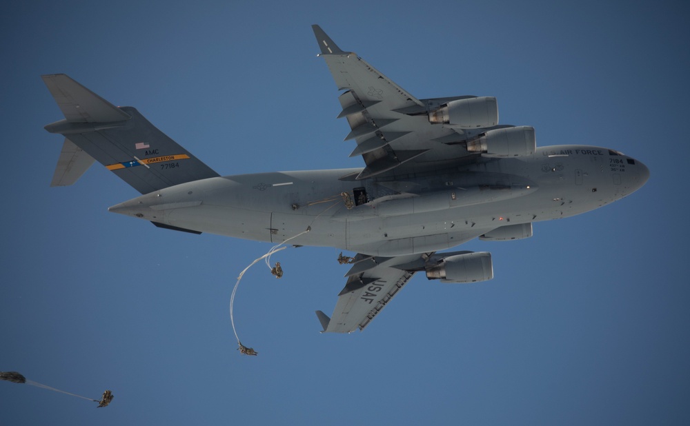 Paratroopers from the 2nd Battalion, 505th Parachute Infantry Regiment, 3rd Brigade Combat Team, 82nd Airborne Division, based at Fort Bragg, NC, drop into Norway as part of joint training exercise Swift Response, May 13, 2025, in Bardufoss, Norway.