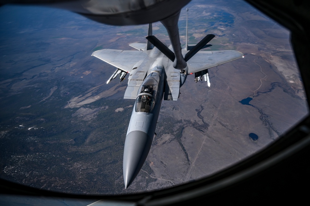 Fairchild AFB KC-135 Stratotanker refuels F-15s and F-35s