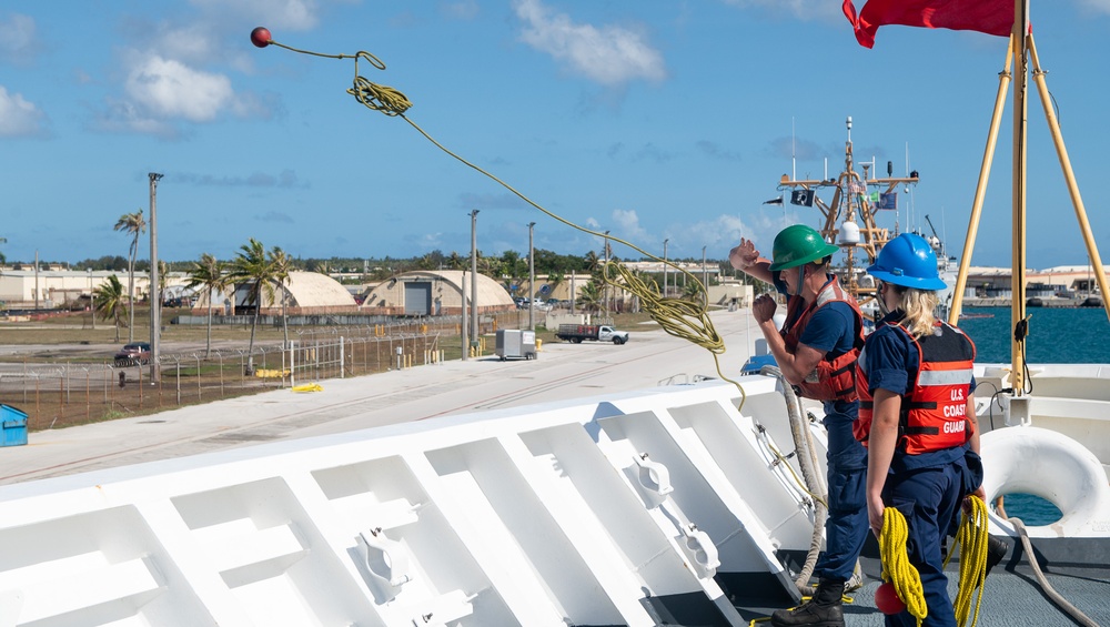 U.S. Coast Guard Cutter Stratton crew moor the Stratton at U.S. Coast Guard Forces Micronesia Sector Guam