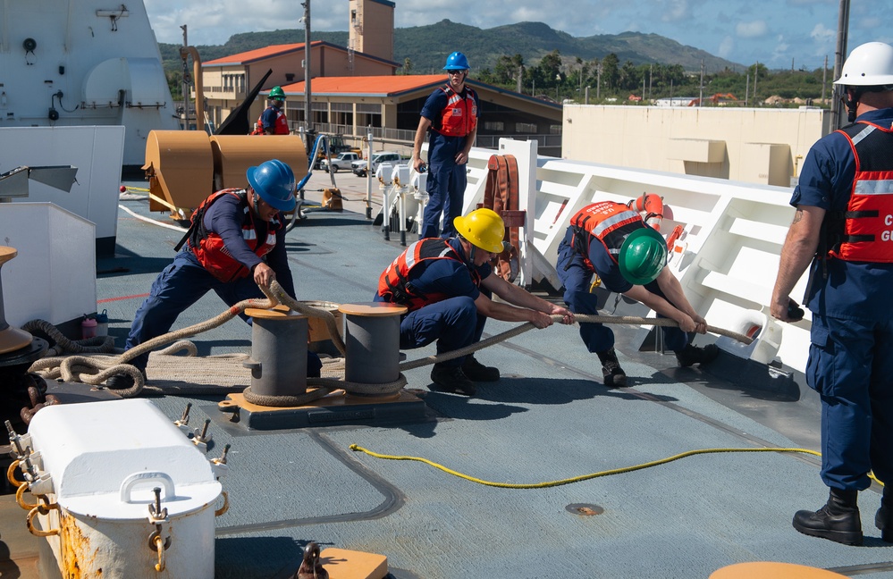 U.S. Coast Guard Cutter Stratton crew moor the Stratton at U.S. Coast Guard Forces Micronesia Sector Guam