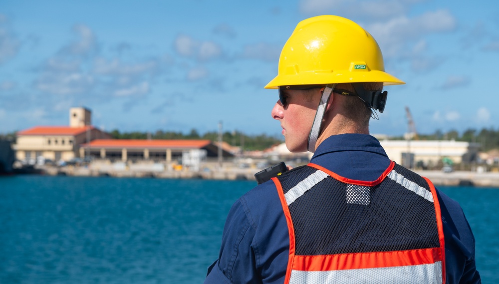 U.S. Coast Guard Cutter Stratton crew moor the Stratton at U.S. Coast Guard Forces Micronesia Sector Guam