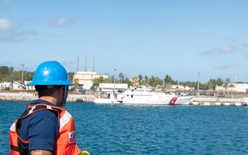 U.S. Coast Guard Cutter Stratton crew moor the Stratton at U.S. Coast Guard Forces Micronesia Sector Guam