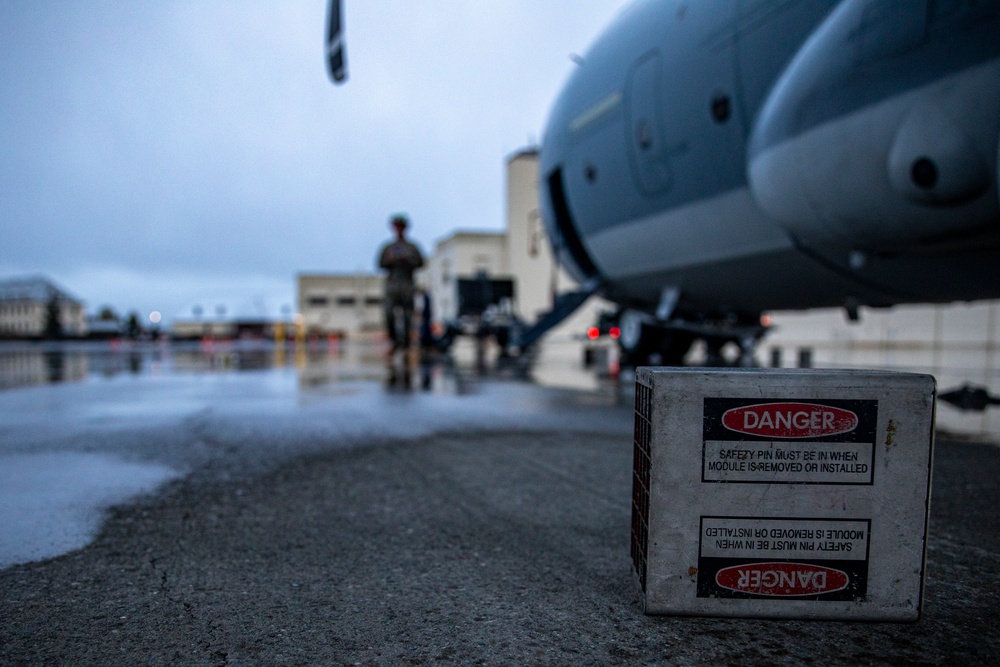 U.S. Marine aircraft ordnance technicians train in countermeasures during Kodiak Mace 25