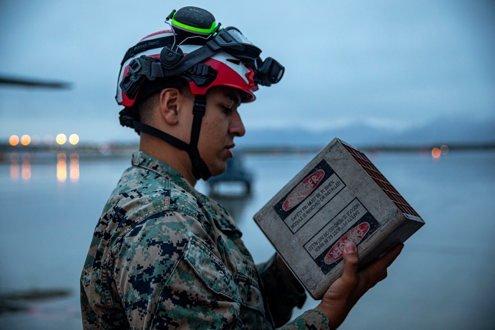 U.S. Marine aircraft ordnance technicians train in countermeasures during Kodiak Mace 25
