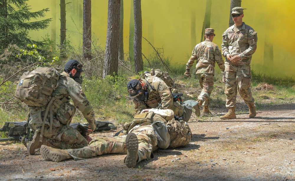 Competitors participate in CBRN Lane during V Corps Best Squad Competition
