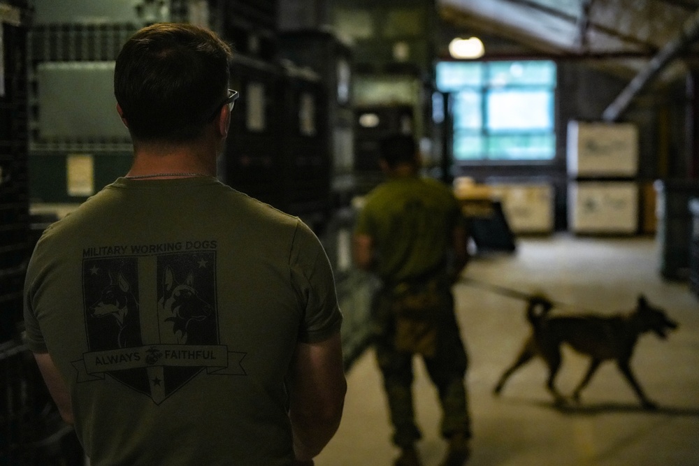 U.S. Marine Police Officers engage in a Narcotics Detection Validation Exercise