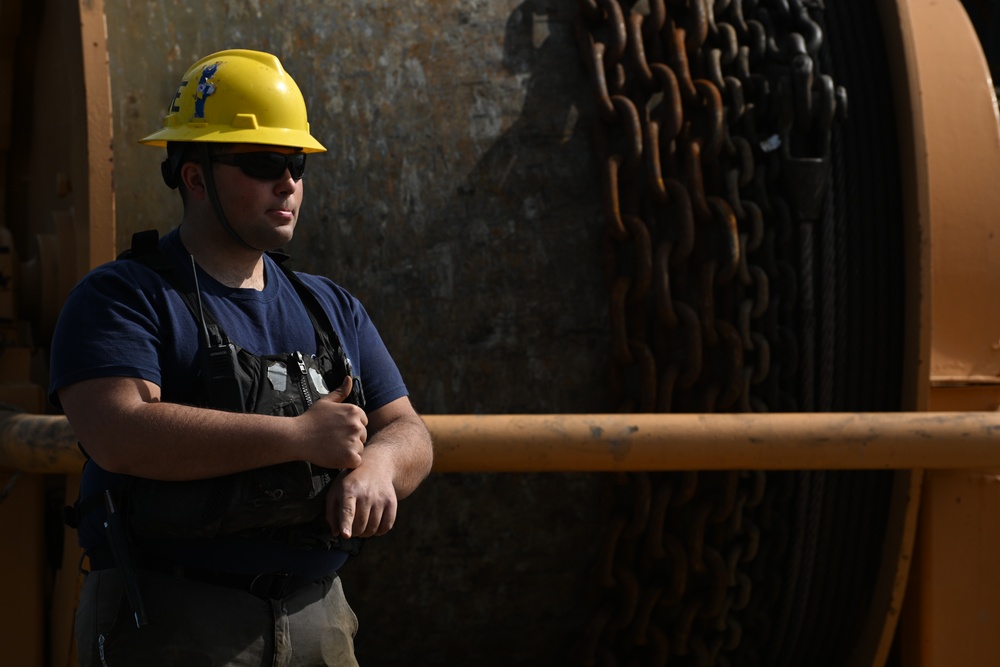 Coast Guard Cutter Frank Drew services buoys in Portsmouth, Virginia