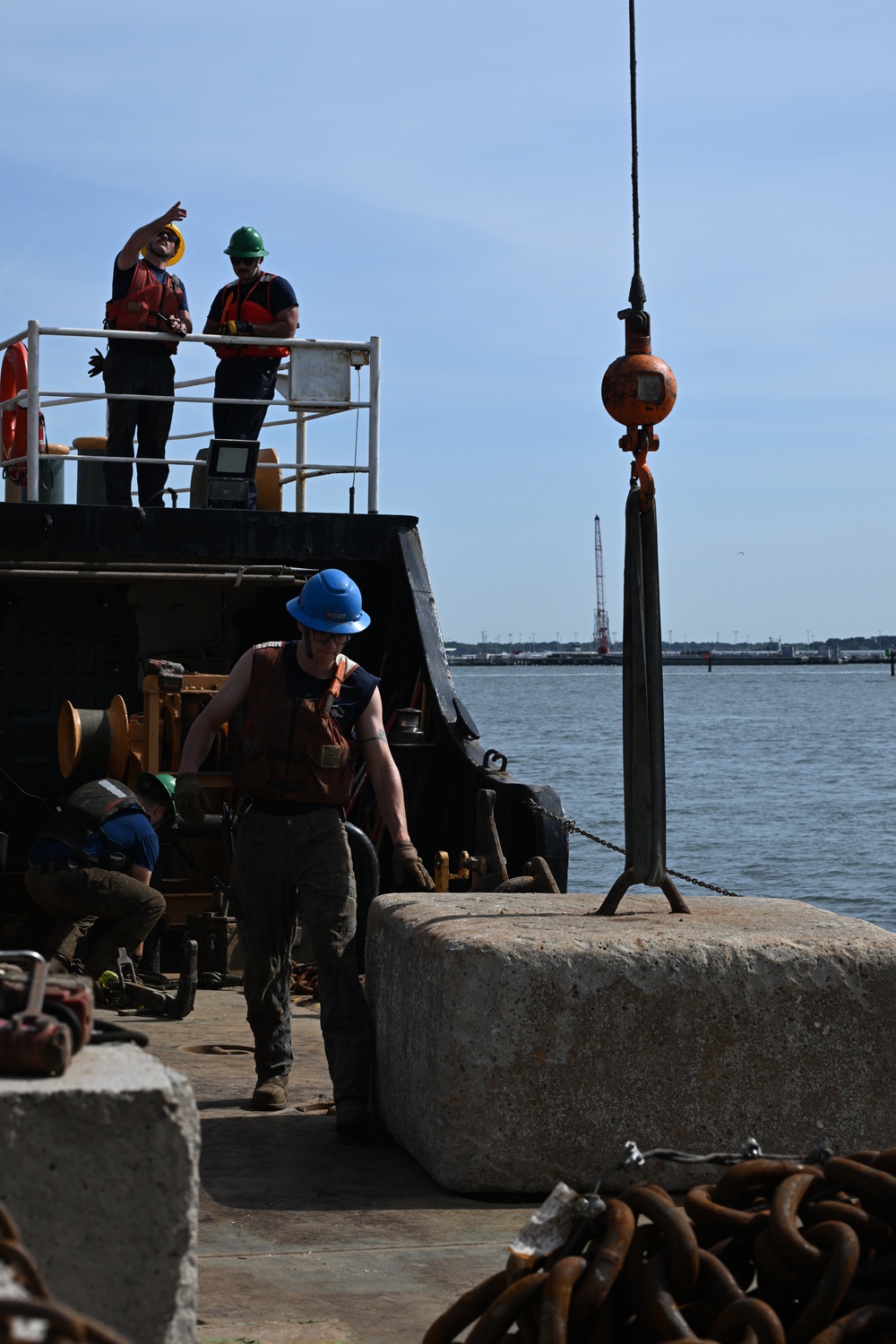 Coast Guard Cutter Frank Drew services buoys in Portsmouth, Virginia