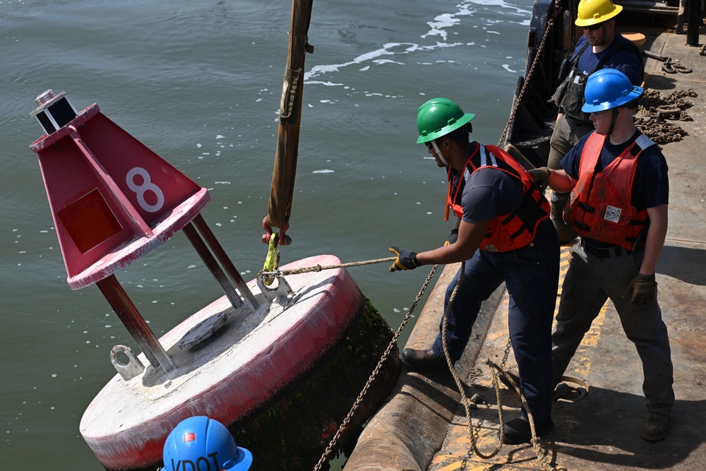 Coast Guard Cutter Frank Drew services buoys in Portsmouth, Virginia