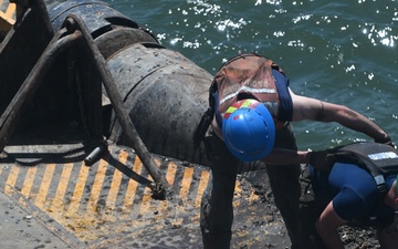 Coast Guard Cutter Frank Drew services buoys in Portsmouth, Virginia