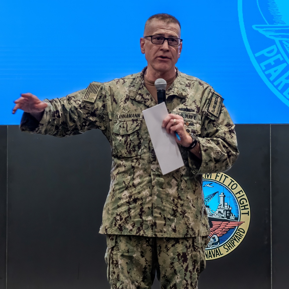 Rear Adm. Lannamann Speaks at HRMC All-Hands Call