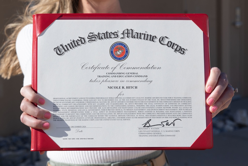 Nicole Hitch named TECOM Junior Civilian of the Year at The Combat Center