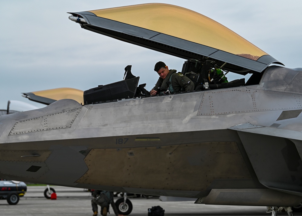 F-22 Raptor's from 1st Fighter Wing conduct takeoffs at Barnes Air National Guard Base