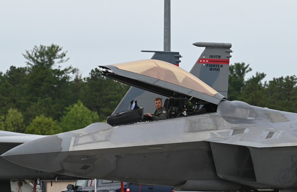 F-22 Raptor's from 1st Fighter Wing conduct takeoffs at Barnes Air National Guard Base