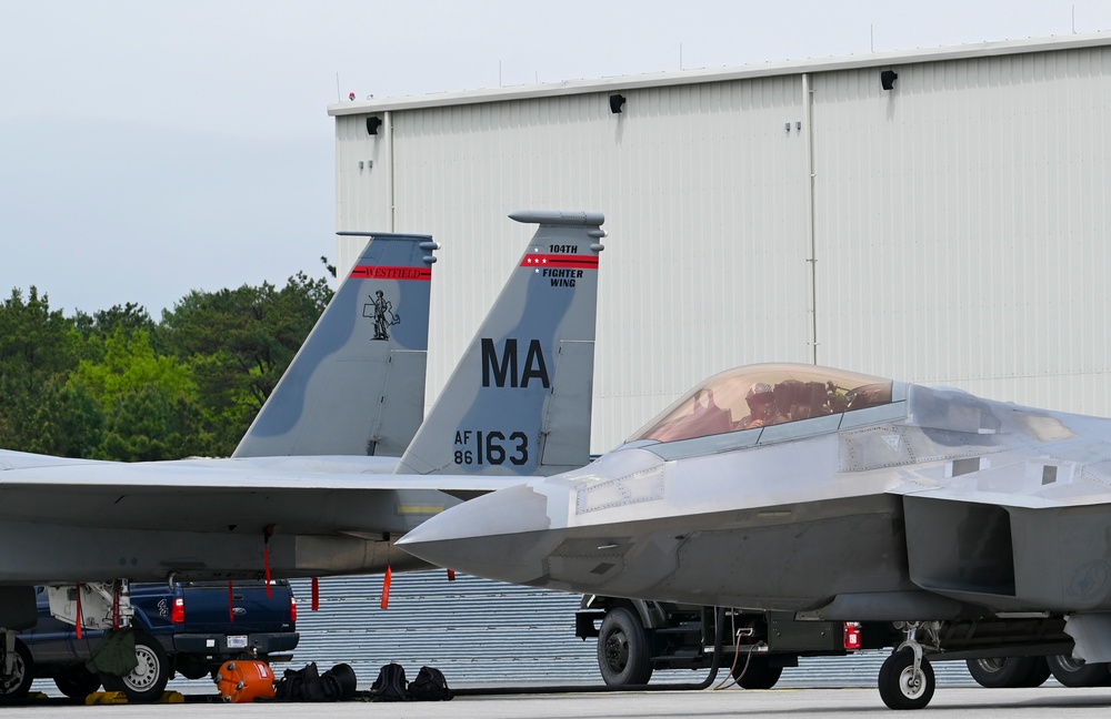 F-22 Raptor's from 1st Fighter Wing conduct takeoffs at Barnes Air National Guard Base