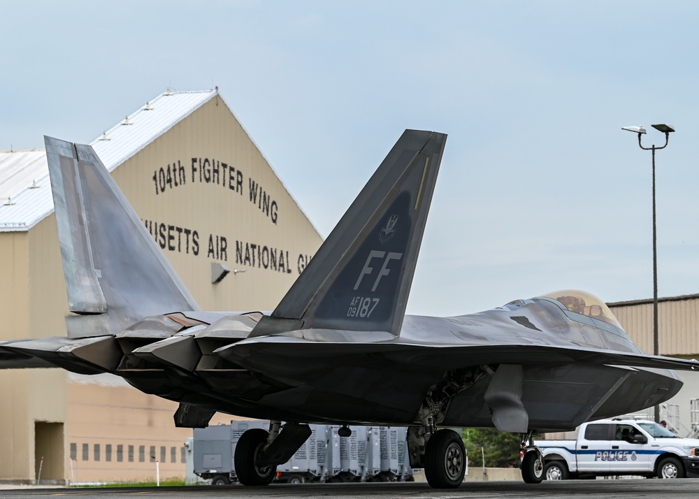 F-22 Raptor's from 1st Fighter Wing conduct takeoffs at Barnes Air National Guard Base