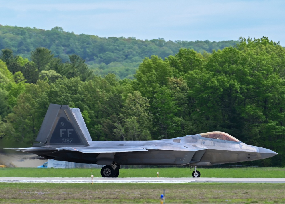 F-22 Raptor's from 1st Fighter Wing conduct takeoffs at Barnes Air National Guard Base