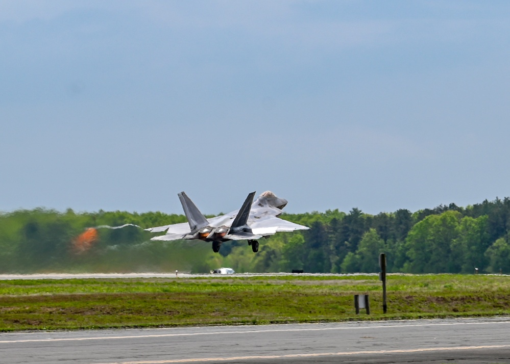 F-22 Raptor's from 1st Fighter Wing conduct takeoffs at Barnes Air National Guard Base