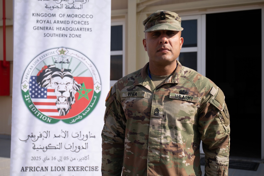 US Army Master Sergeant Anthony Vega poses for a photo at African Lion 2025