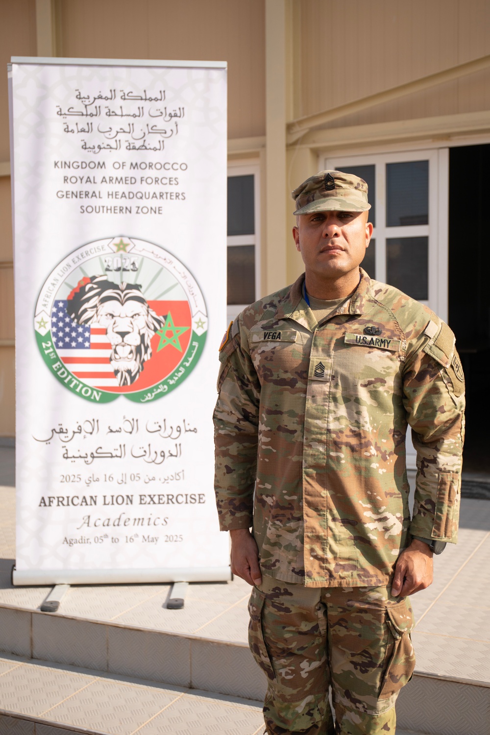 US Army Master Sergeant Anthony Vega poses for a photo at African Lion 2025