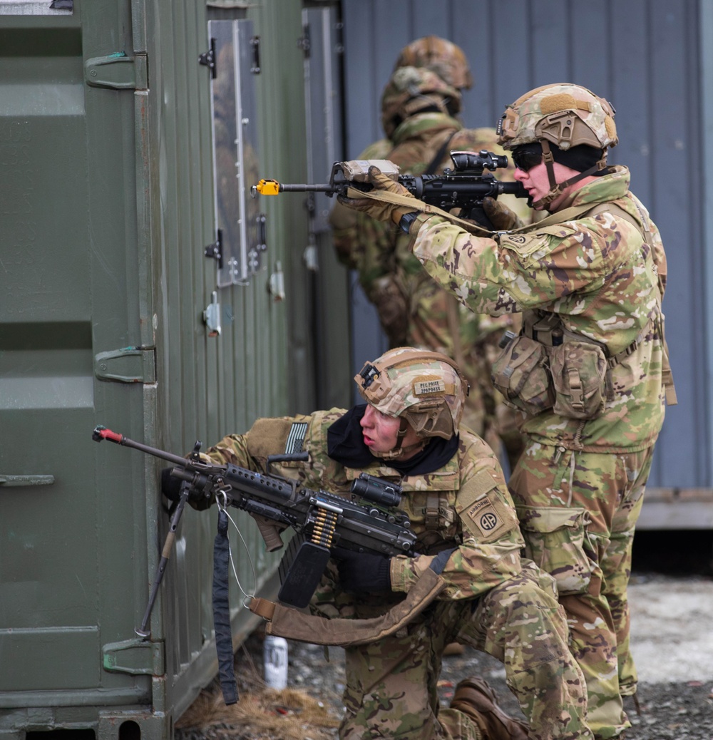 Paratroopers from the 2nd Battalion, 505th Parachute Infantry Regiment, 3rd Brigade Combat Team, 82nd Airborne Division, based at Fort Bragg, NC, pull security during a joint training exercise with allied nations.