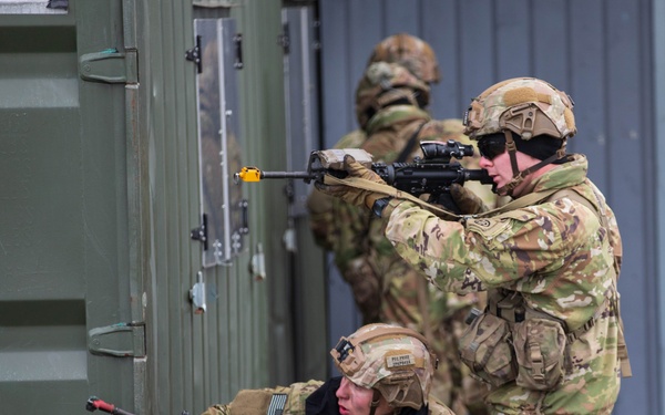 Paratroopers from the 82nd Airborne Division, based at Fort Bragg, NC, pull security during joint training exercise with allied nations.