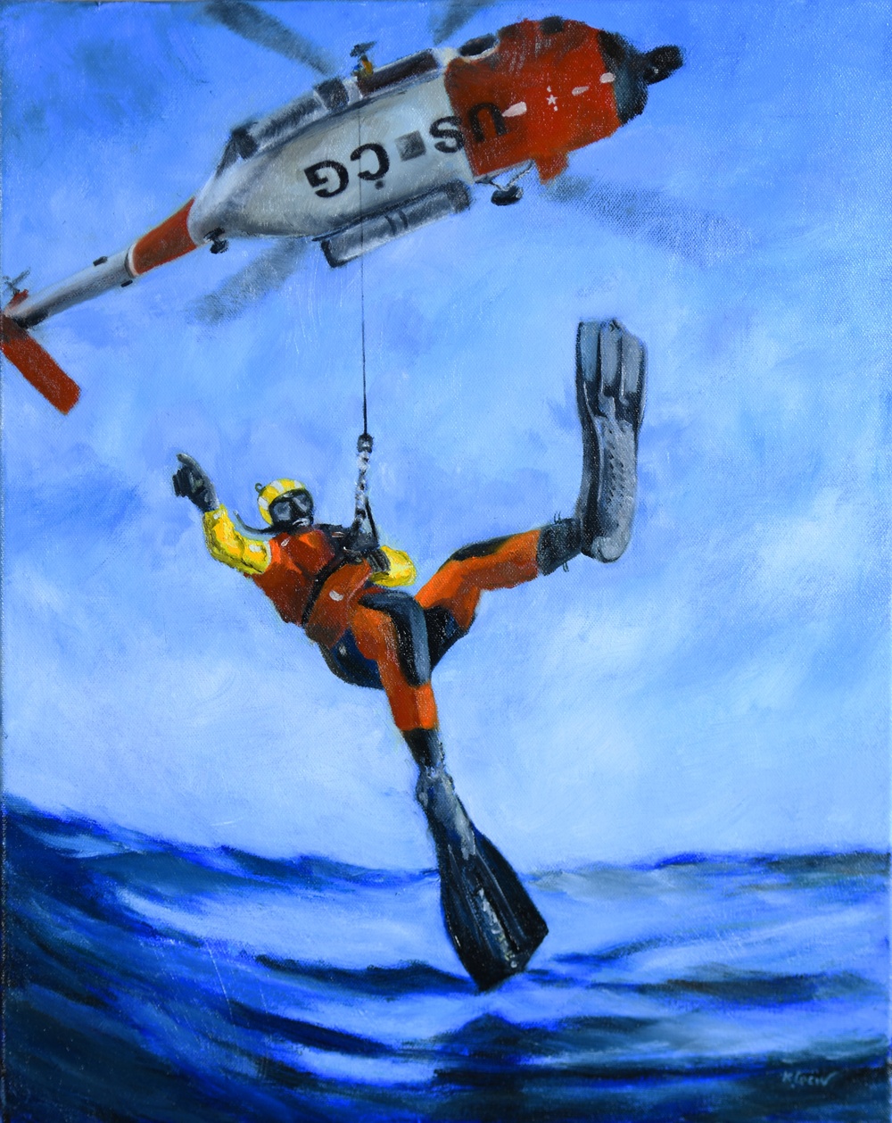 US Coast Guard Art Program 2025 Collection, Object Id # 202520, &quot;A rescue swimmer on mission,&quot; Karen Loew