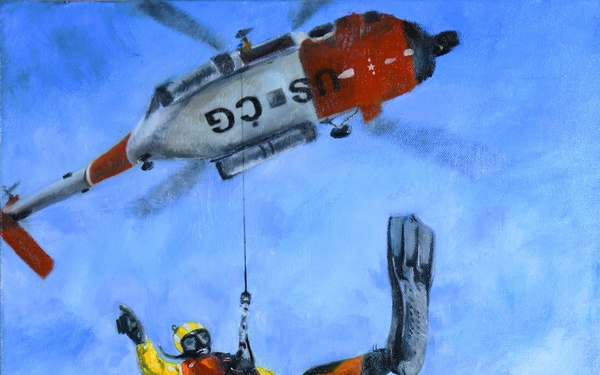 US Coast Guard Art Program 2025 Collection, Object Id # 202520, &quot;A rescue swimmer on mission,&quot; Karen Loew