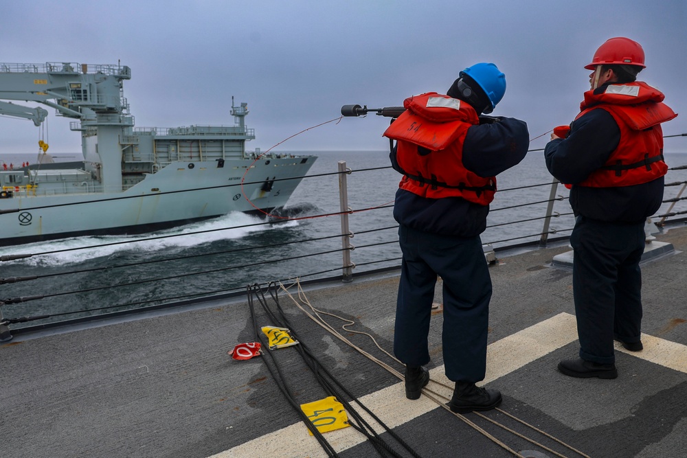 Gunner’s Mates use an M-14 rifle to send a phone and distance line to the Royal Canadian Navy replenishment oiler MV Asterix
