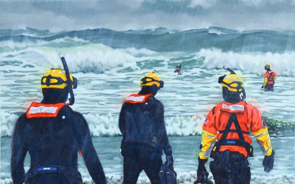 US Coast Guard Art Program 2025 Collection, Object Id # 202527, &quot;Heading into the rip,&quot; Ken Stetz