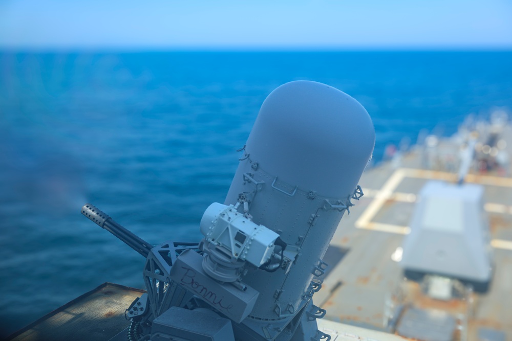 USS Bulkeley(DDG 84, fires multiple rounds from its close in weapons system (CWIS)