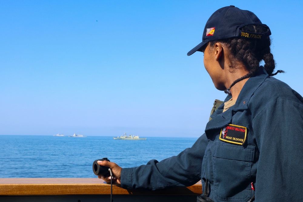 Lt. j.g. Sarah Skinner observes a live fire exercise alongside NATO vessels