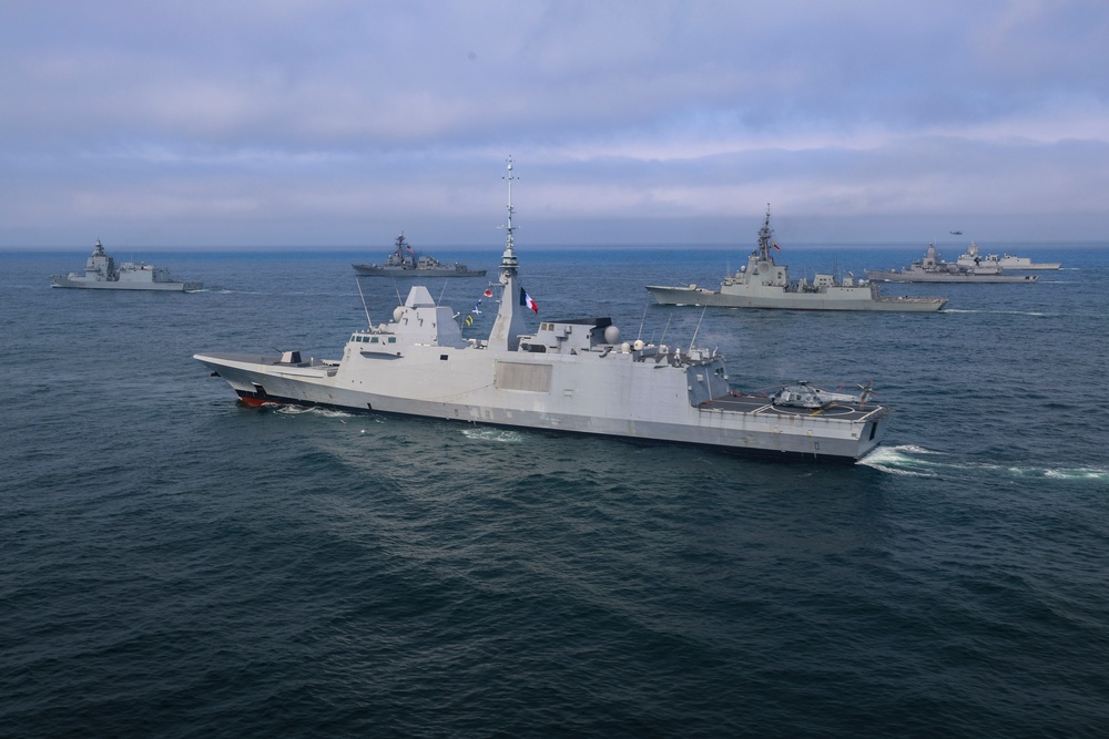 The French Navy Aquitaine-Class frigate FS Normandie (D651) participates in a PHOTOEX during At-Sea Demonstration (ASD) / Formidable Shield (FS) 2025