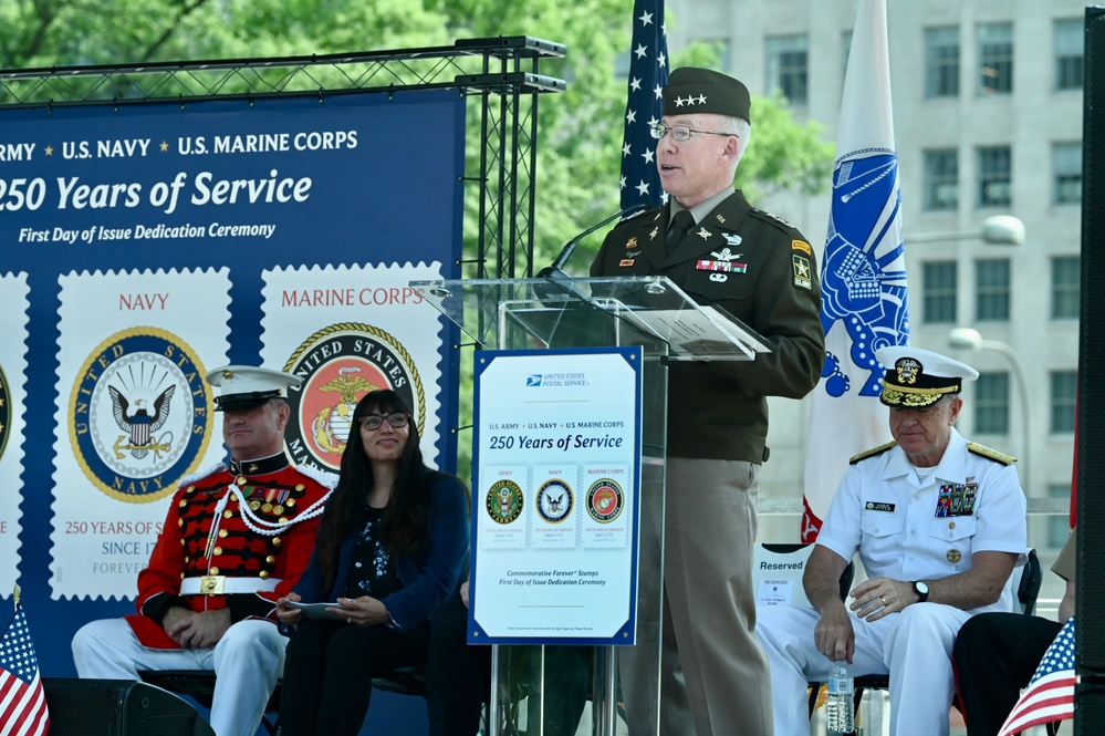 First Day of Issue Dedication Ceremony honors 250th anniversaries of the U.S. Army, U.S. Navy, and U.S. Marine Corps