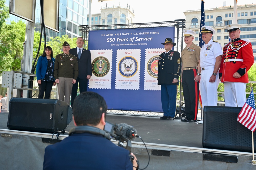 First Day of Issue Dedication Ceremony honors 250th anniversaries of the U.S. Army, U.S. Navy, and U.S. Marine Corps