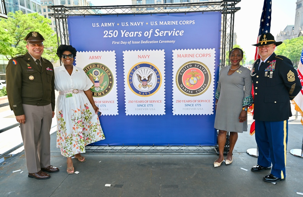 First Day of Issue Dedication Ceremony honors 250th anniversaries of the U.S. Army, U.S. Navy, and U.S. Marine Corps