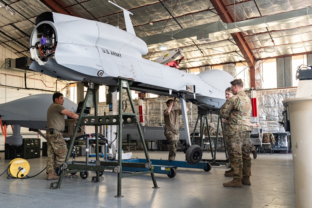 Foxtrot Company, 1st Aviation Regiment, construct the MQ-1 Gray Eagle