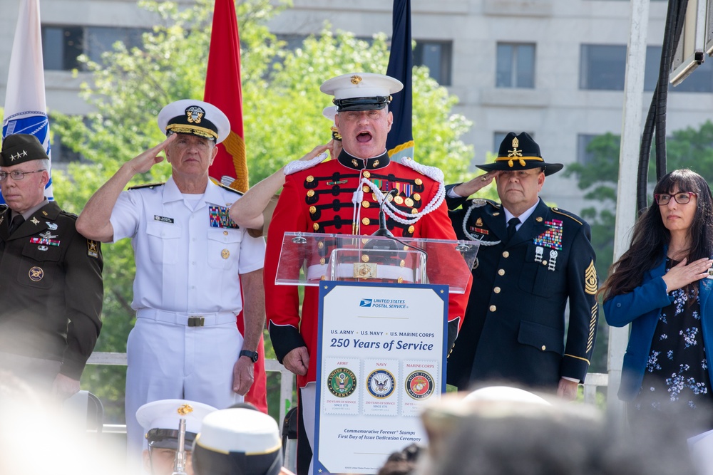 On May 16, 2025, Marine Band vocalist Master Gunnery Sgt. Kevin Bennear performed “The Star-Spangled Banner” at a First Day of Issue Dedication Ceremony for new postage stamps commemorating the 250th anniversaries of the U.S. Army, Navy and Marine Corps.