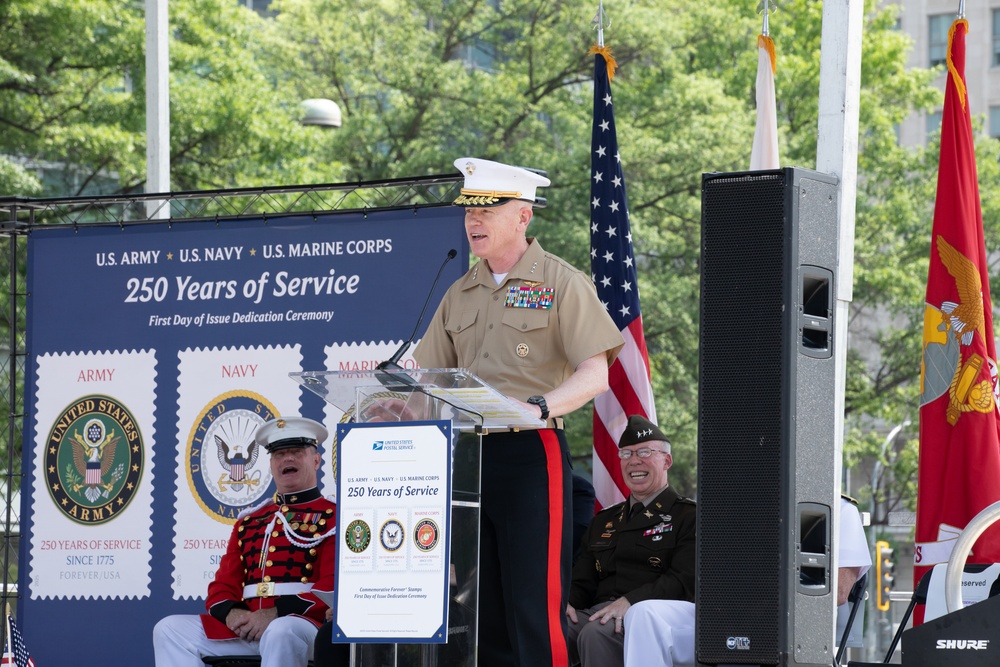 On May 16, 2025, Lt. Gen. Paul J. Rock spoke at a First Day of Issue Dedication Ceremony for new postage stamps commemorating the 250th anniversaries of the U.S. Army, Navy and Marine Corps.