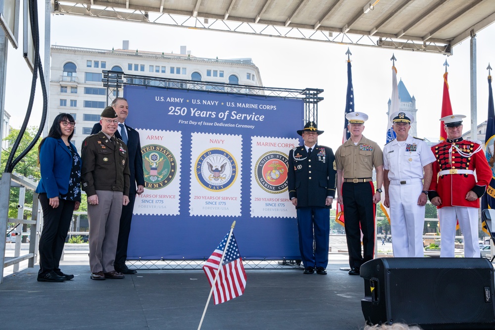 On May 16, 2025, Marine Band vocalist Master Gunnery Sgt. Kevin Bennear performed “The Star-Spangled Banner” at a First Day of Issue Dedication Ceremony for new postage stamps commemorating the 250th anniversaries of the U.S. Army, Navy and Marine Corps.