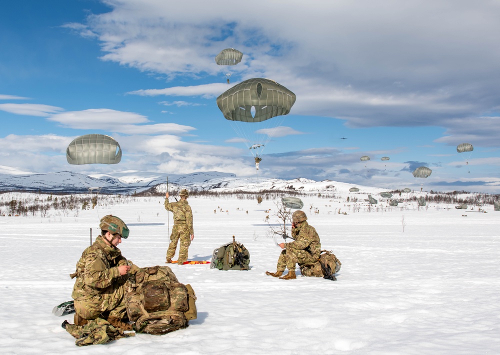 Paratroopers from the 82nd Airborne Division conduct an integrated Joint Forcible Entry training exercise for Swift Response 25