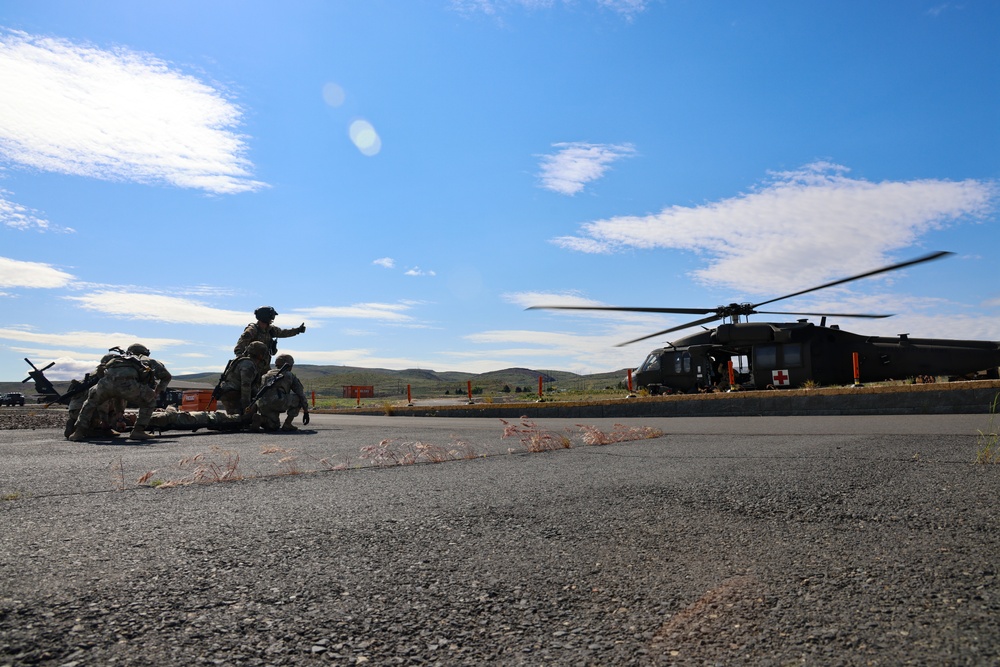Soldiers of the 62nd Medical Brigade participate in a Medical Evacuation Training