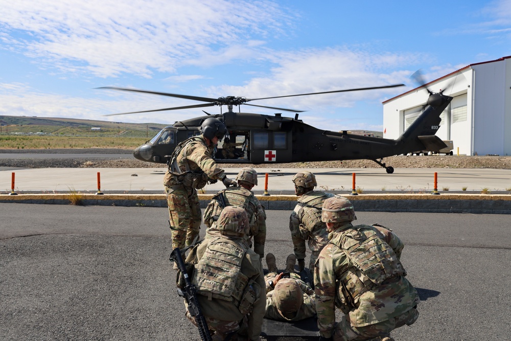 Soldiers of the 62nd Medical Brigade participate in a Medical Evacuation Training