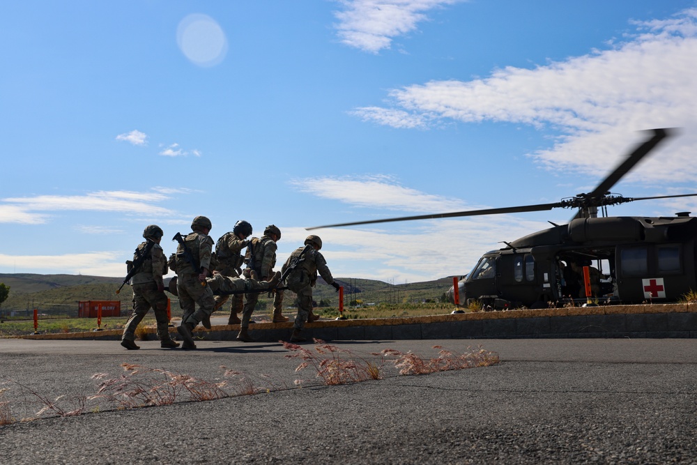 Soldiers of the 62nd Medical Brigade participate in a Medical Evacuation Training