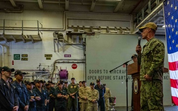 Commander, Expeditionary Strike Group Seven holds All Hands Call aboard USS America (LHA 6)